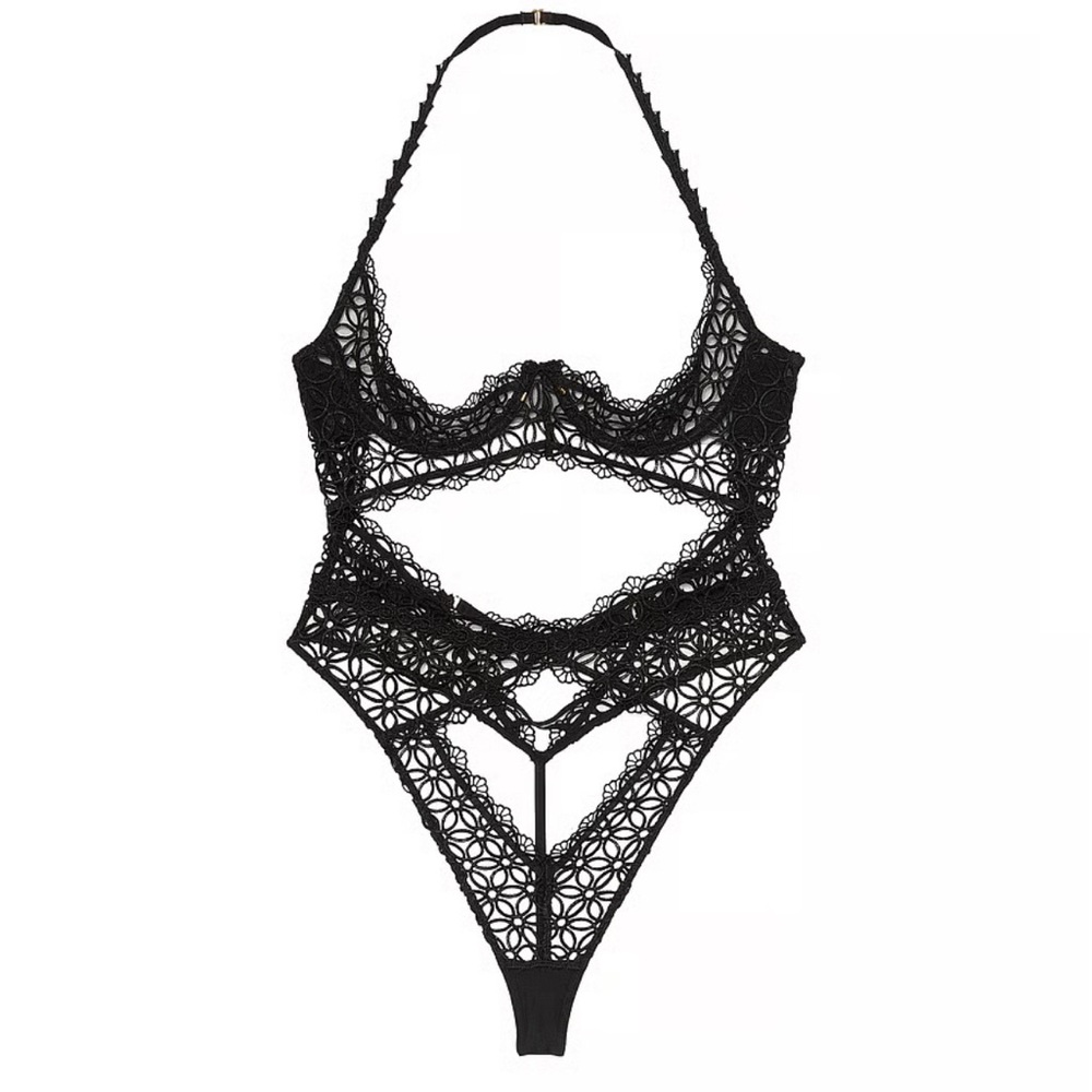 New Victoria Secret Black Geo Daisy Lace Open-Cup Teddy Size XL